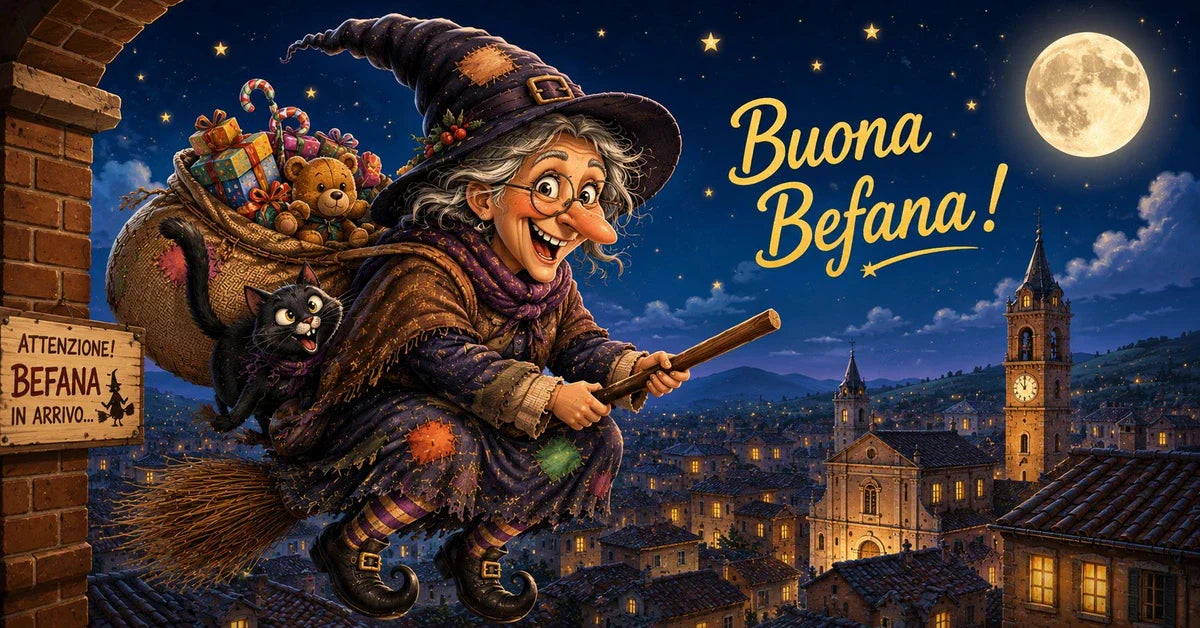 Befana zboară pe mătură deasupra unui oraș italian în noaptea de 6 ianuarie | Băcănia Befana