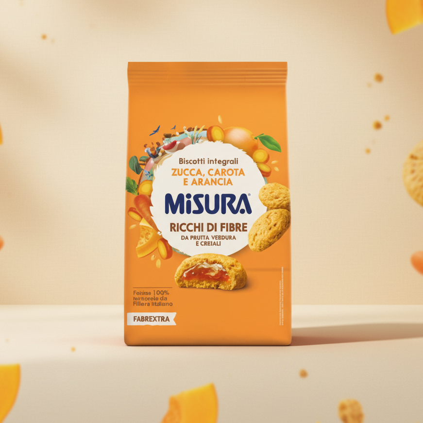 Biscuiți integrali MISURA Fibrextra cu dovleac, morcov & portocală – 260 g – Italia