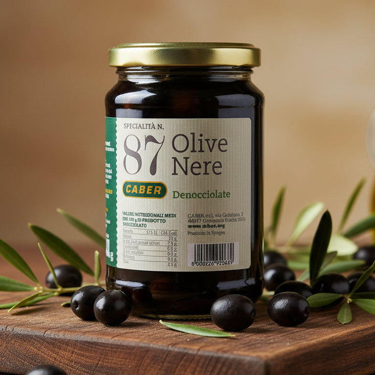 Măsline negre fără sâmburi în saramură 340g – Caber (Italia)