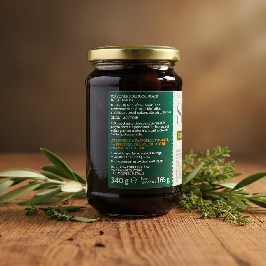 Măsline negre fără sâmburi în saramură 340g – Caber (Italia)