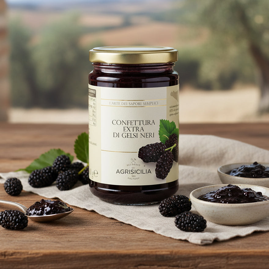 Dulceață Extra de Dude Negre din Sicilia 360 g – Gust intens de fructe, fără conservanți – Agrisicilia