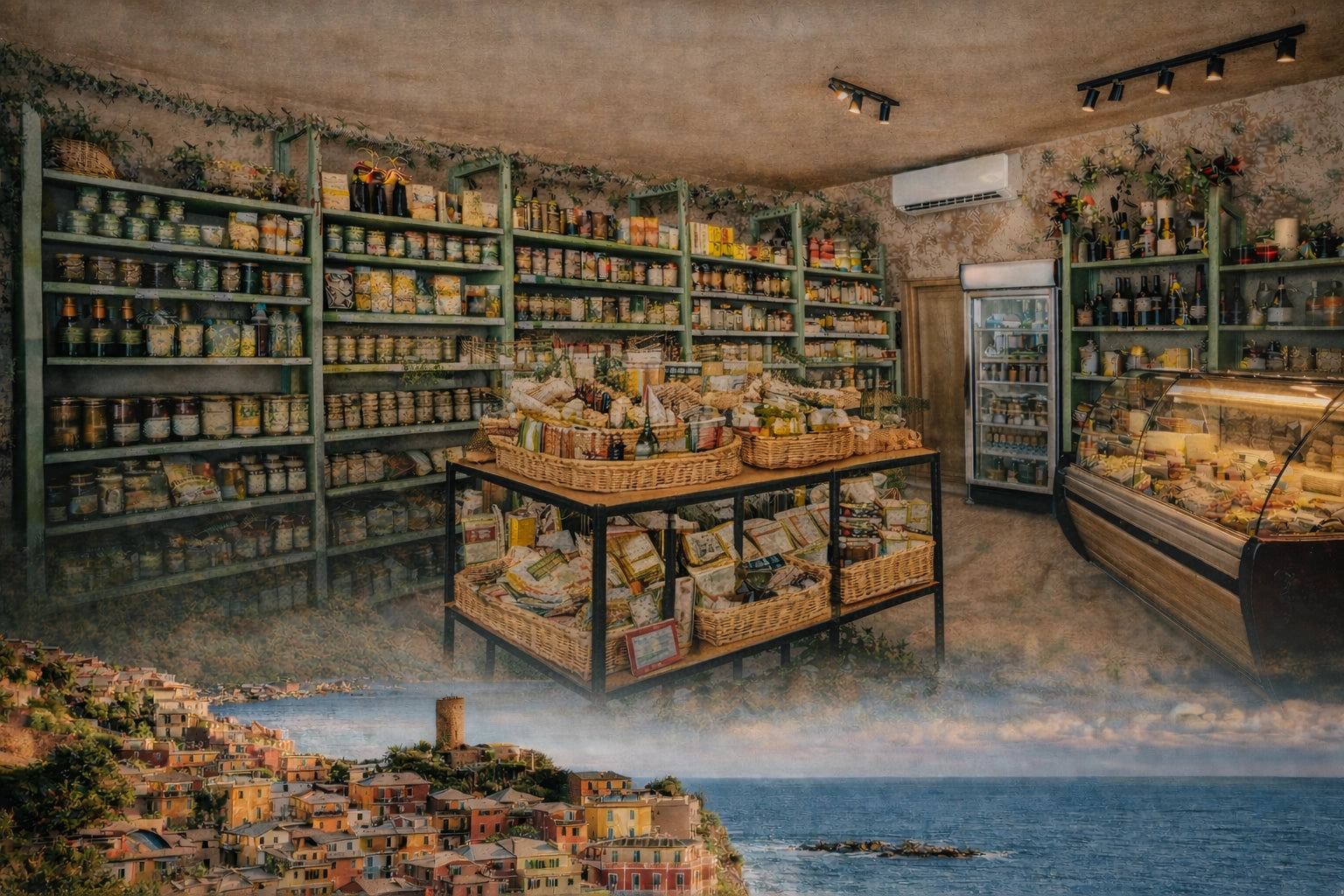 Interiorul Băcăniei Befana din Cluj-Napoca, cu rafturi de produse italiene și vedere spre Cinque Terre