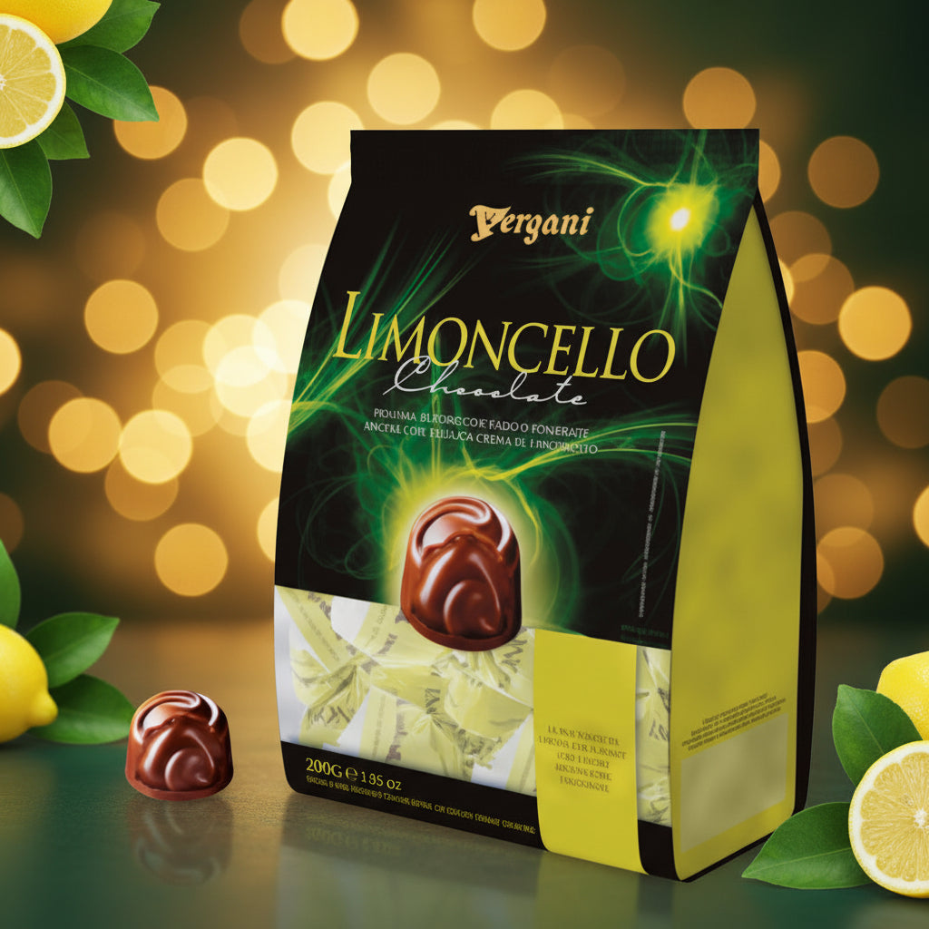 Vergani – Praline de Ciocolată Neagră cu Cremă de Limoncello Italian 200 g